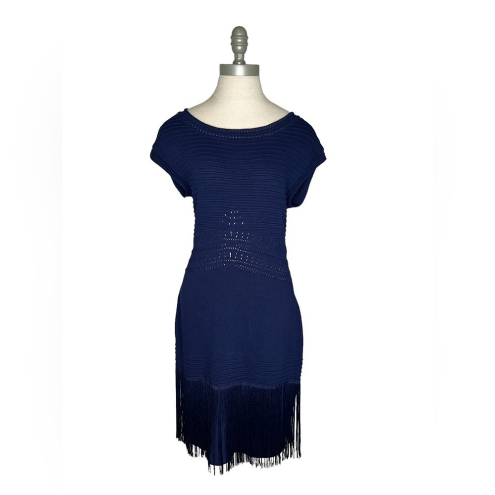 Venus Navy Blue Short Sleeve Cocktail Fringe Sweater Knit Dress Size Medium - Picture 3 of 14